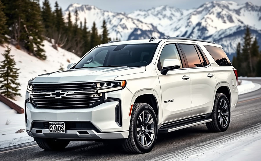 White Chevy Suburban parked on a snowy mountain road